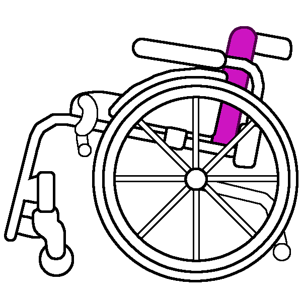 A black and white rigid wheelchair in profile with a bright pink back rest.